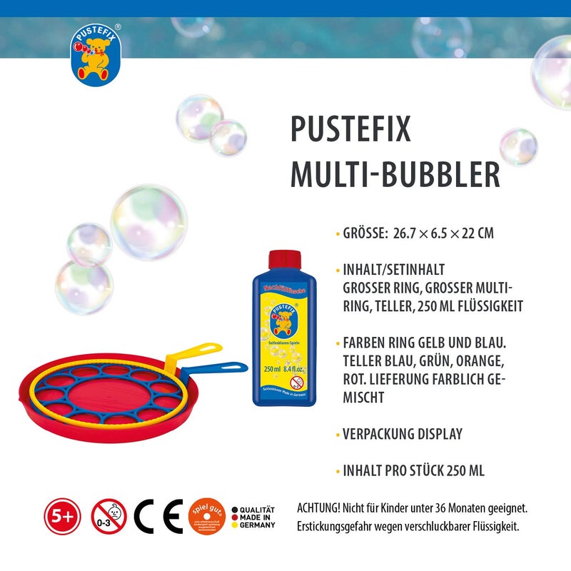 PUSTEFIX Multi Bubbler Giant Bubble Ring and Multi Bubble Ring Toy Set for Kids Includes 8.45 oz Bubble Solution Bottle and Liquid Tray Makes Big Bubbles, Multicolor, Model: 505310 - Image 5
